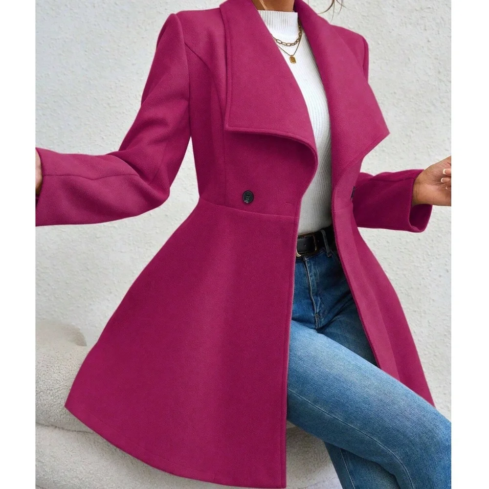 Classic Wide Collar Flare Hem Button Oversized Pea Coat - Picture 9 of 13